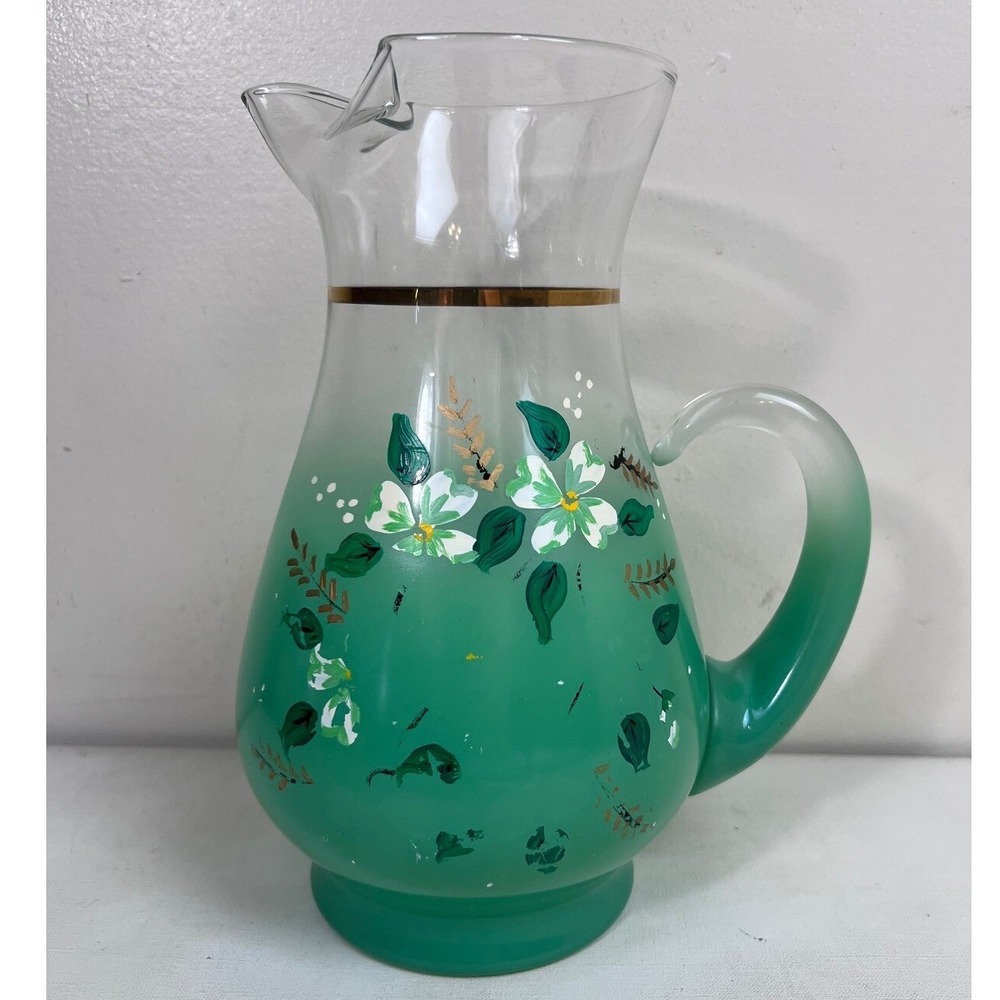 Vintage Floral Pitcher Green Ombre Glass Gold‎ Trim Blendo? West Virginia?